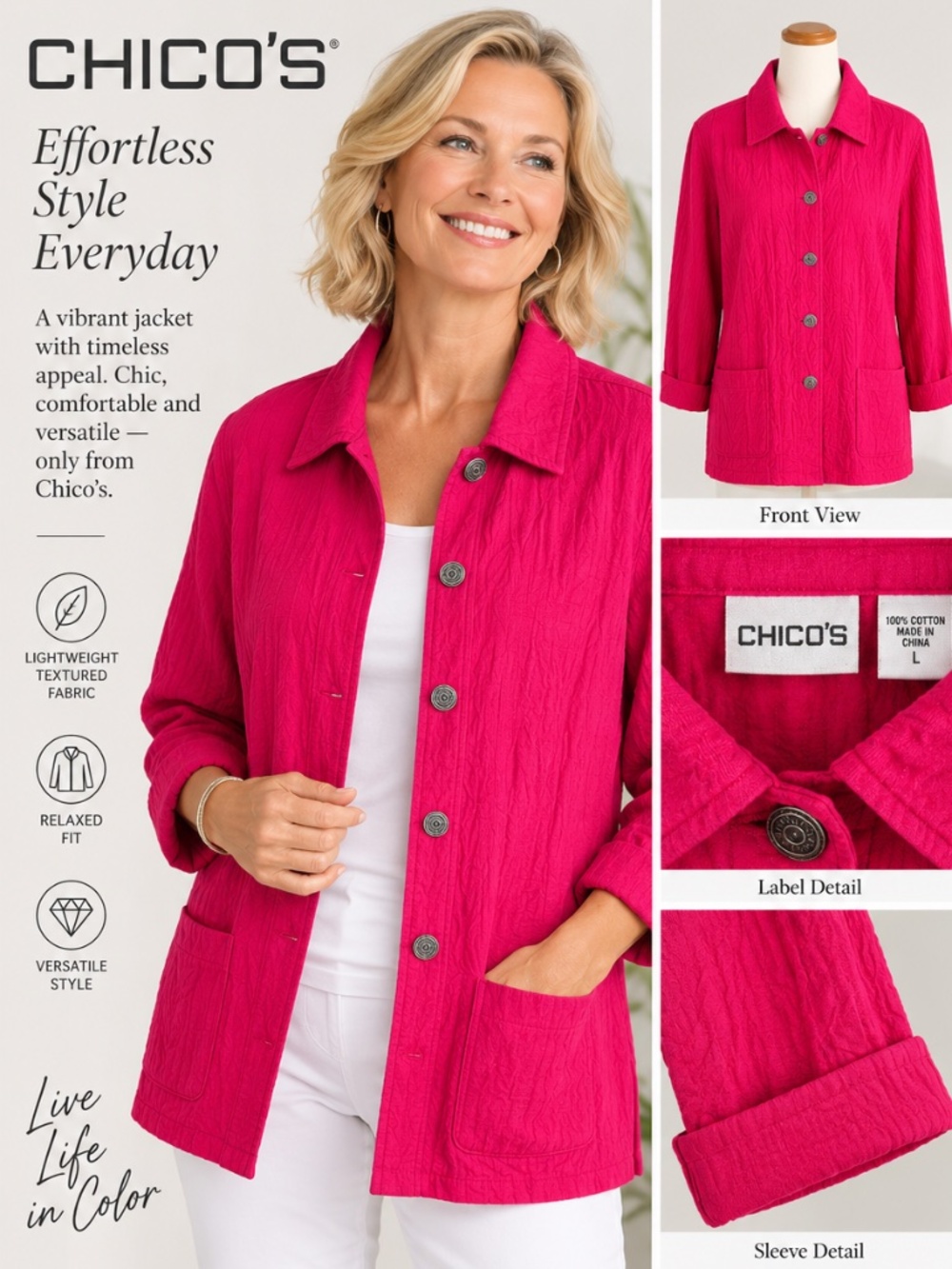 Chico’s Hot Pink Fuchsia Textured Jacket w/Metal Buttons & Pockets, Size 3 (L)